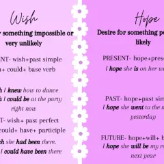 Spiegazione di "wish" (desiderio impossibile) e "hope" (speranza possibile) in inglese, con esempi grammaticali.