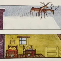Babbo Natale scende dal camino, mentre le renne aspettano sul tetto innevato. Chissà se i bambini sanno come si dice Babbo Natale in inglese!