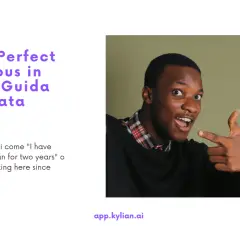 Un ragazzo indica con entusiasmo, mentre il testo spiega il "Present Perfect Continuous" in inglese, come in "I have been studying Italian for two years".