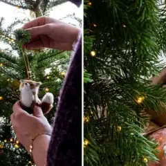 Addobbi per un albero di natale in inglese: palline rosa e bordeaux, decorazioni a forma di volpe e sfere di carta.