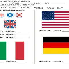 Esercizio di inglese su paesi e nazionalità. Immagini di bandiere (Regno Unito, USA, Germania, Italia) e campi per scrivere la nazionalità.