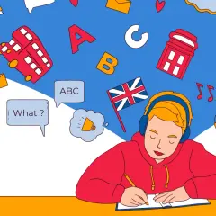 Ragazzo con cuffie studia parole inglesi usate in italiano, circondato da simboli britannici e lettere.