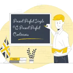 Insegnante spiega quando si usa il present perfect simple, con lavagna, bandiera UK e libri.