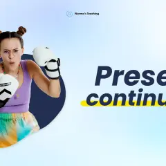 Ragazza con guantoni da boxe, pronta a combattere, mentre impara il **present continuous** e il **present simple**.