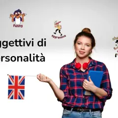 Ragazza con libro e bandiera UK, circondata da illustrazioni di aggettivi belli in inglese: honest, funny, aggressive, cheerful, quiet.