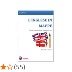 Copertina libro "L'inglese in mappe" per alunni DSA, con autobus rosso, bandiera UK e Big Ben. Risorse utili per chi studia l'inglese.