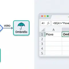 Diagramma logico: se piove, prendi l'ombrello. La formula SE mostra come questo è giocato in un foglio di calcolo.
