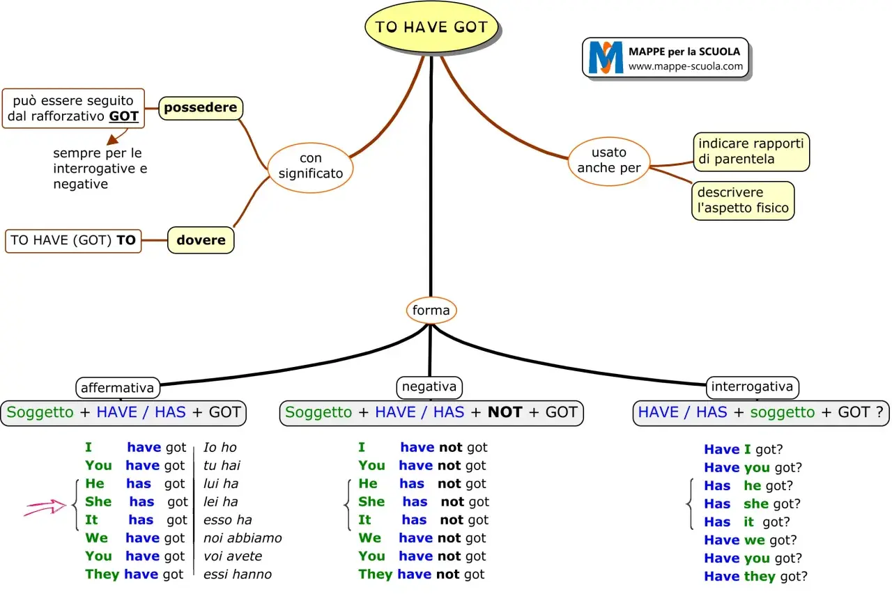 Mappa concettuale su "TO HAVE GOT" per il present perfect, con forme affermative, negative e interrogative, e usi per possedere o descrivere.