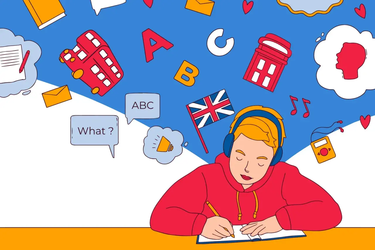 Ragazzo con cuffie studia parole inglesi usate in italiano, circondato da simboli britannici e lettere.