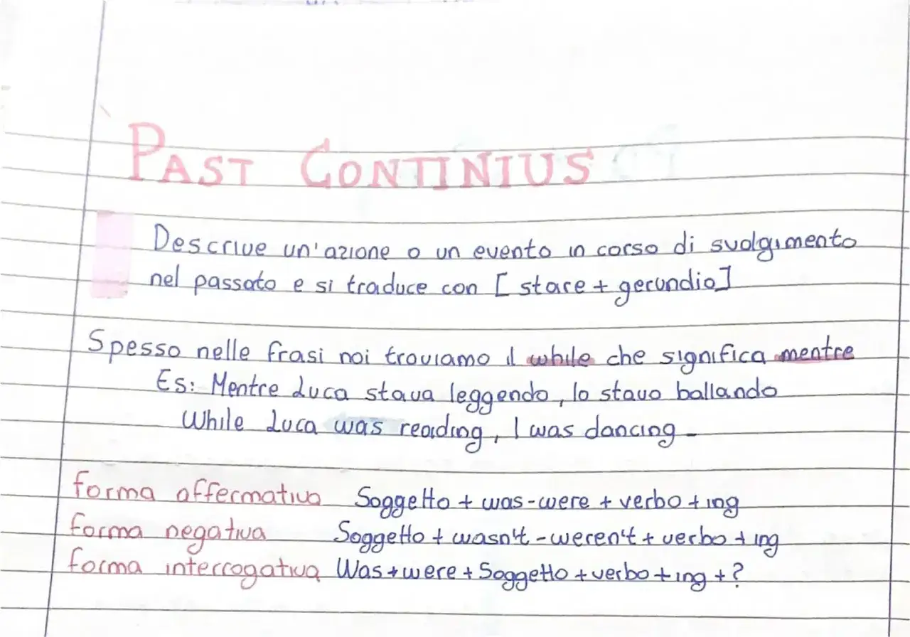 Spiegazione del Past Continuous: mentre Luca leggeva, io ballavo. La grammatica inglese usa 